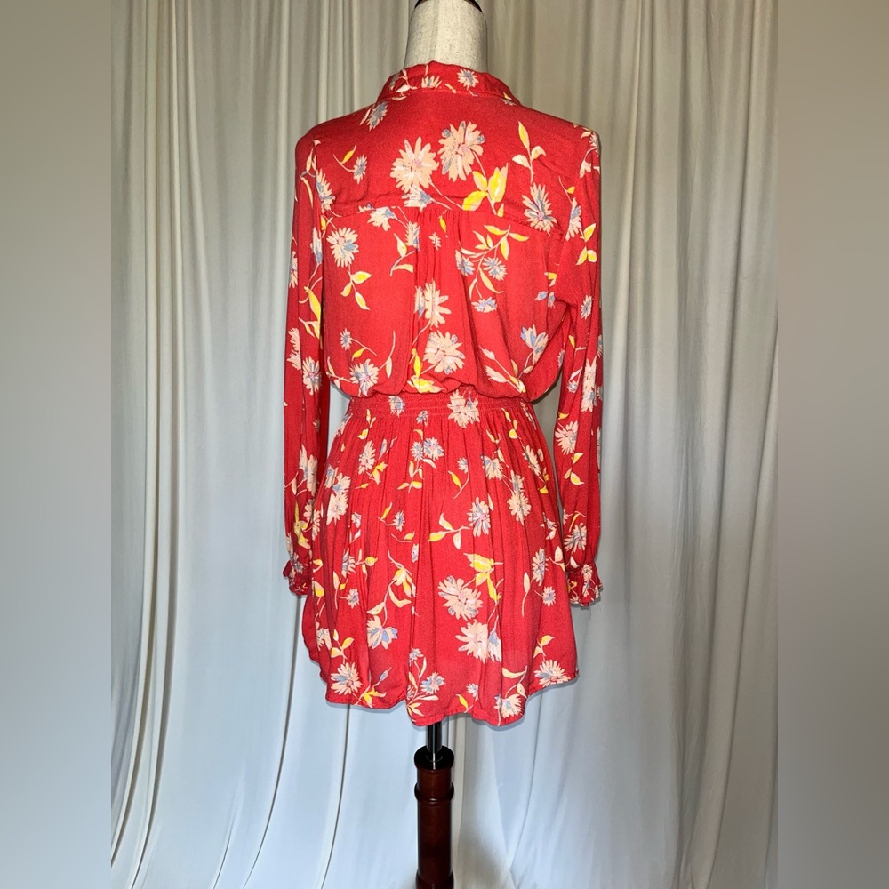 Free People Ruthie Floral Print Long Sleeve Mini Shirtdress in Coral - Picture 5 of 9